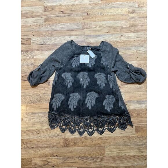 NWT Belle France Boho Gray Beaded Sweater Tunic Made in Italy w/ crocheted Hem M - Picture 13 of 15